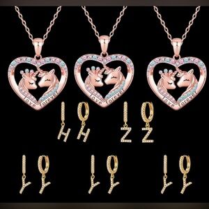 (5) Fettero Initial Earrings Huggie Hoop Letter (3) Jewlpire Unicorn Necklaces